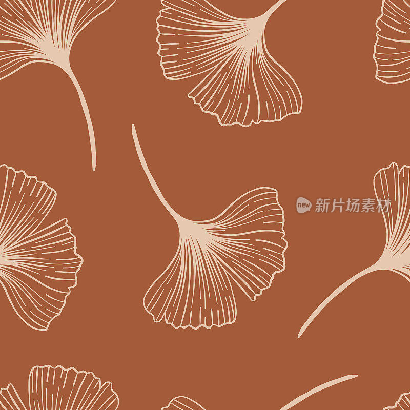 A simple boho-style pattern with a Ginkgo biloba plant. The delicate neutral colors of the background.